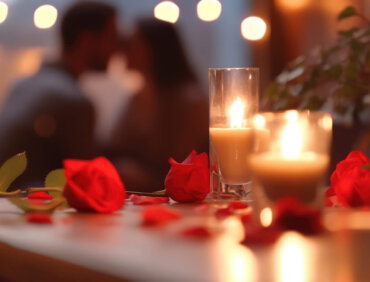 Blur of couple at a candle light dinner date with red roses