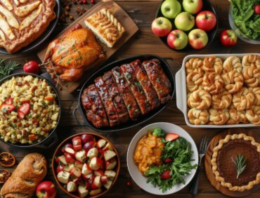A table is filled with a wide variety of different types of food, including fruits, vegetables, meats, cheeses, and bread.