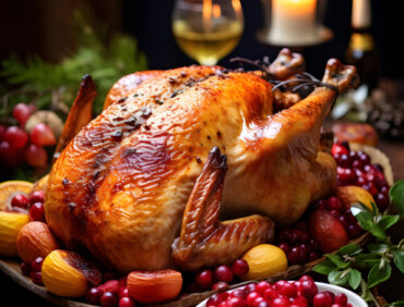 Roasted turkey centerpiece on festive table with cranberries, candles, and wine. Thanksgiving or Christmas dinner concept. Design for holiday recipe book, menu, or greeting card