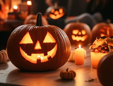 A group of friends smiling and laughing while celebrating Halloween with carved pumpkins and candle lights. The room is filled with festive decorations and a warm, cozy atmosphere.